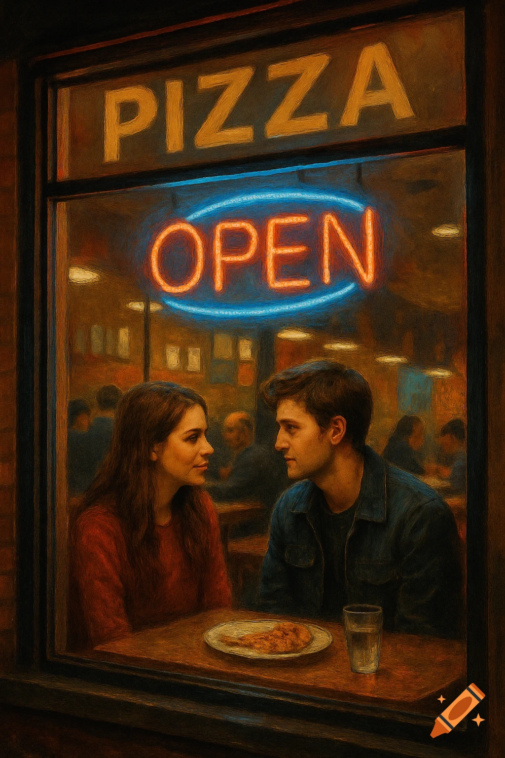 A couple sits at a table in a pizza restaurant, looking at each other beneath a neon 'OPEN' sign. Painterly style.