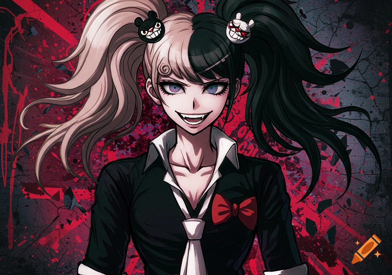 Anime portrait of a character with split black and blonde hair, wearing a suit and tie, smiling menacingly against a red splatter background.