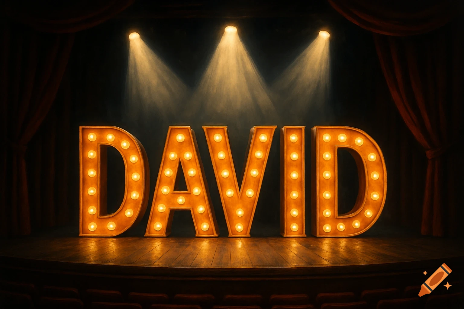 Marquee letters spelling DAVID on a theatre stage with spotlights