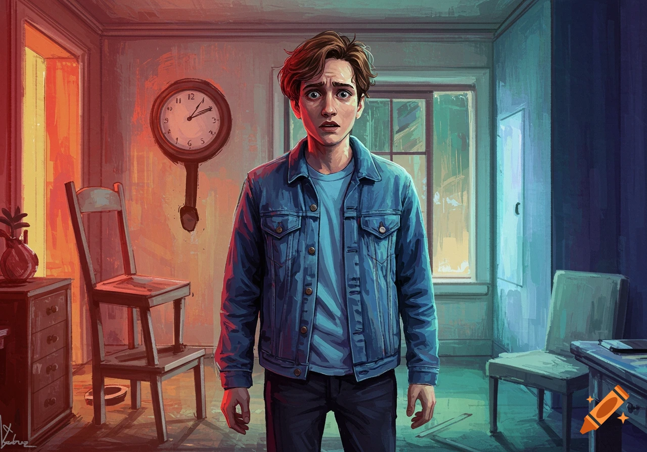 Anxious young man in a painterly indoor scene.