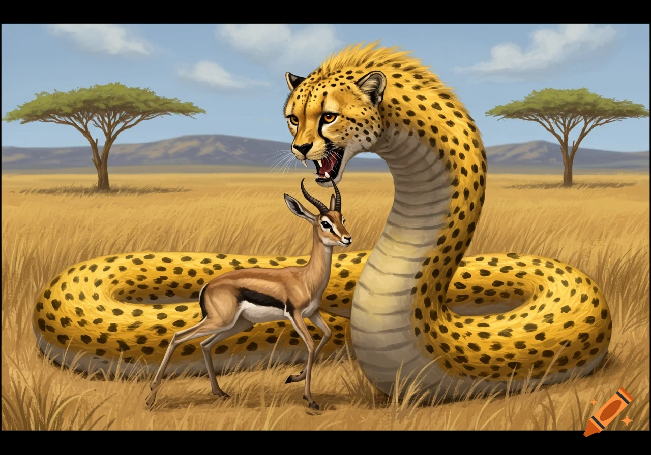 A fantasy creature with a cheetah head and snake body faces a small gazelle in a savanna landscape illustration.
