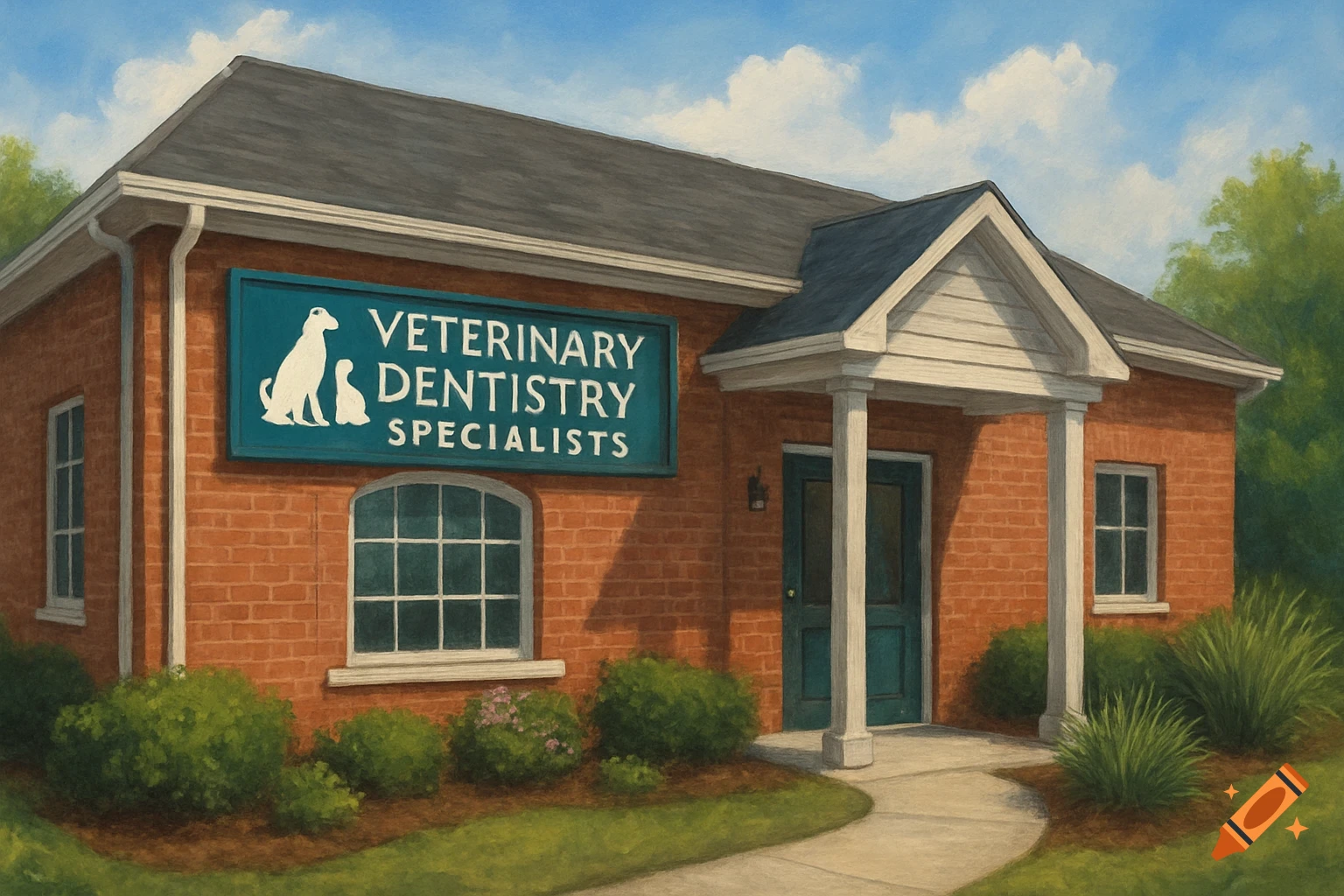 A painting of a brick building with a sign for Veterinary Dentistry Specialists.