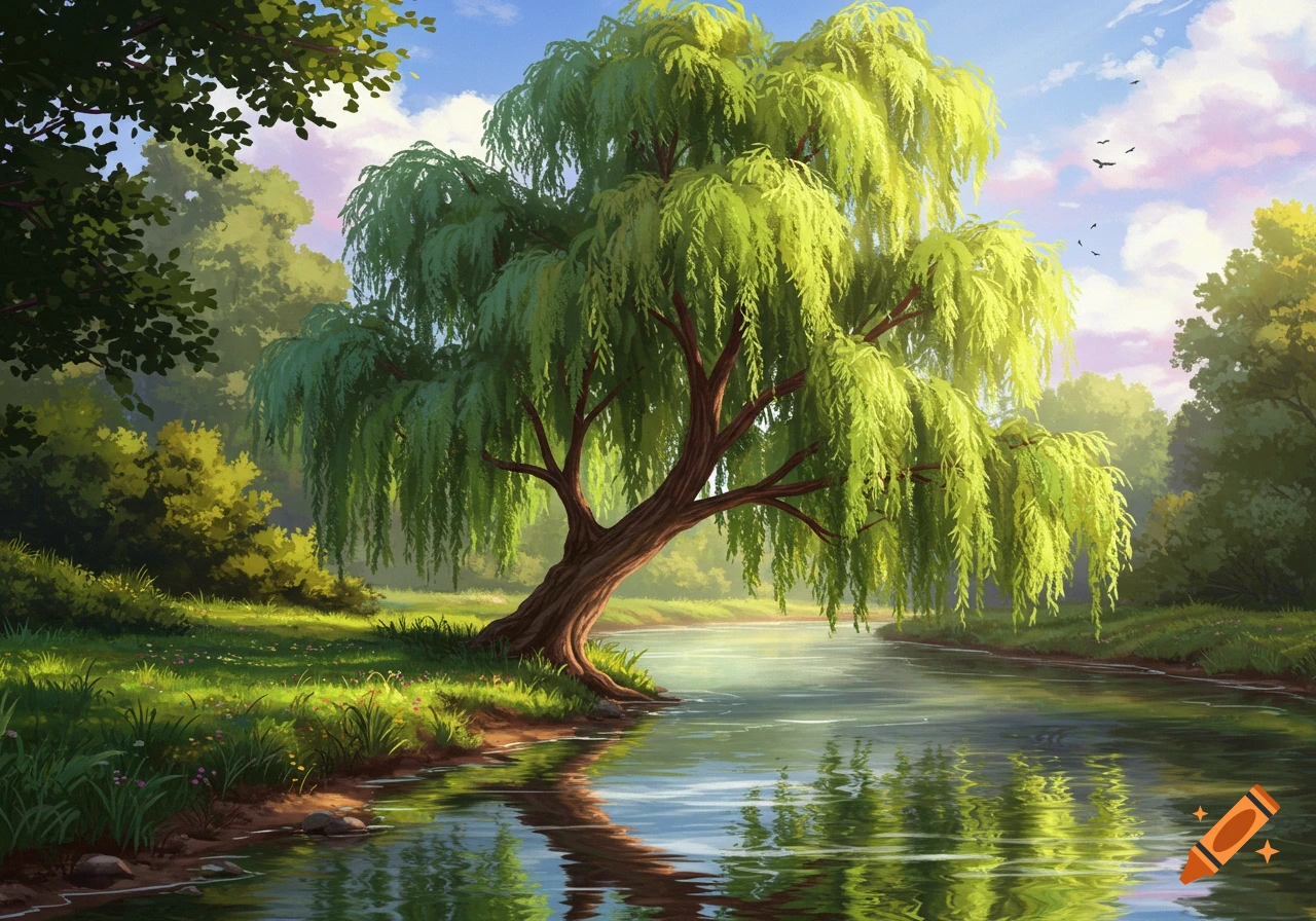 A large weeping willow tree stands beside a river in a sunny landscape.