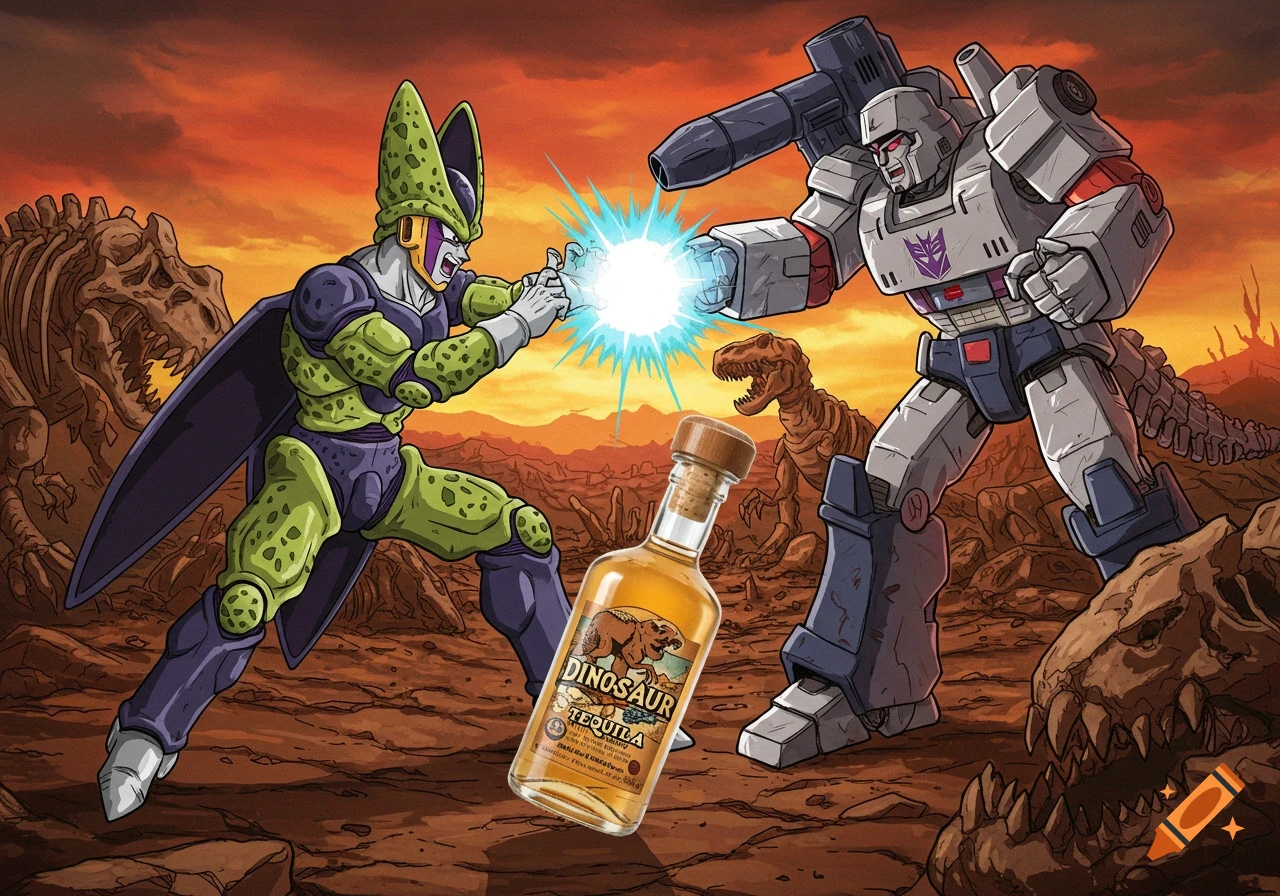 Cartoon style image of Cell from Dragon Ball Z fighting Megatron from Transformers, with dinosaurs and a bottle of tequila in a desert landscape.