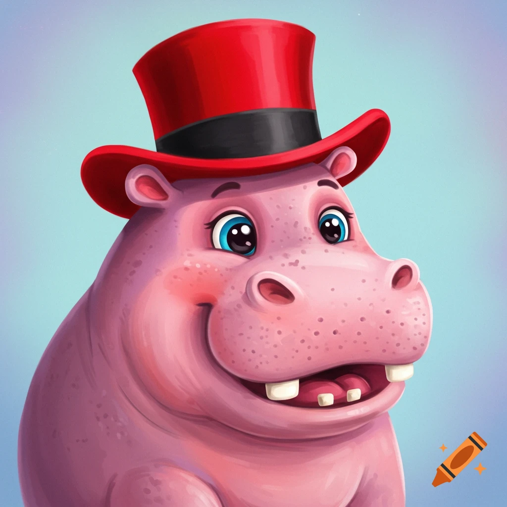 A cartoon pink hippo wears a red top hat.