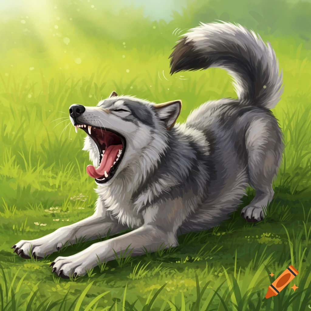 An illustrated wolf stretches and yawns widely on its back in green grass.