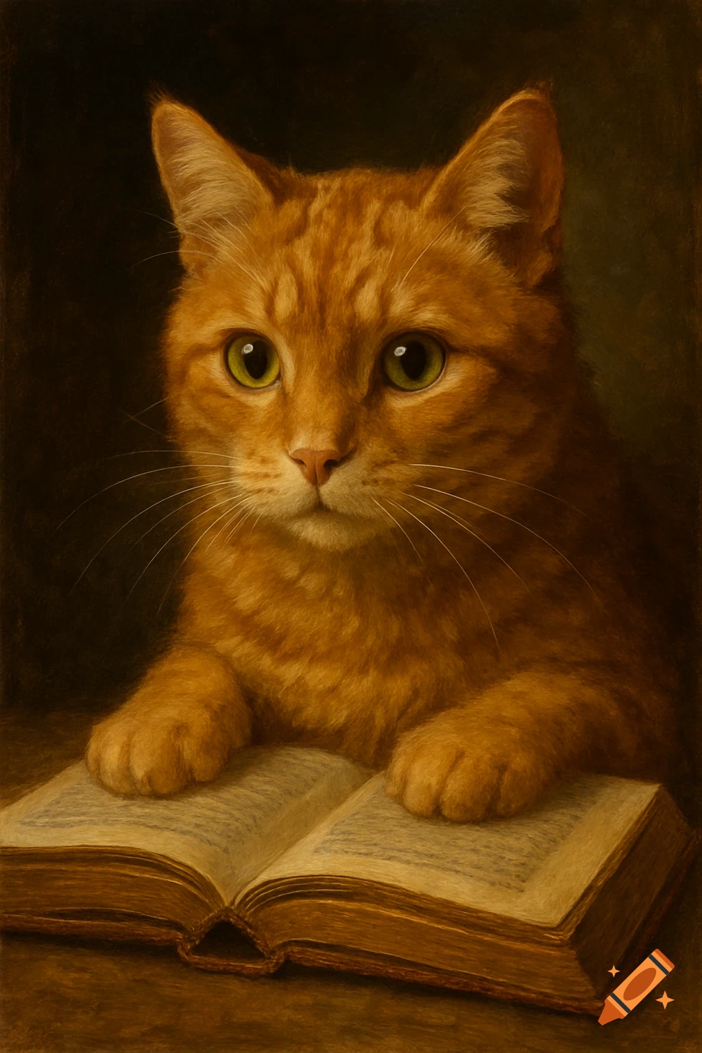 A realistic painting of an orange cat with green eyes looking at the viewer, paws on an open book.
