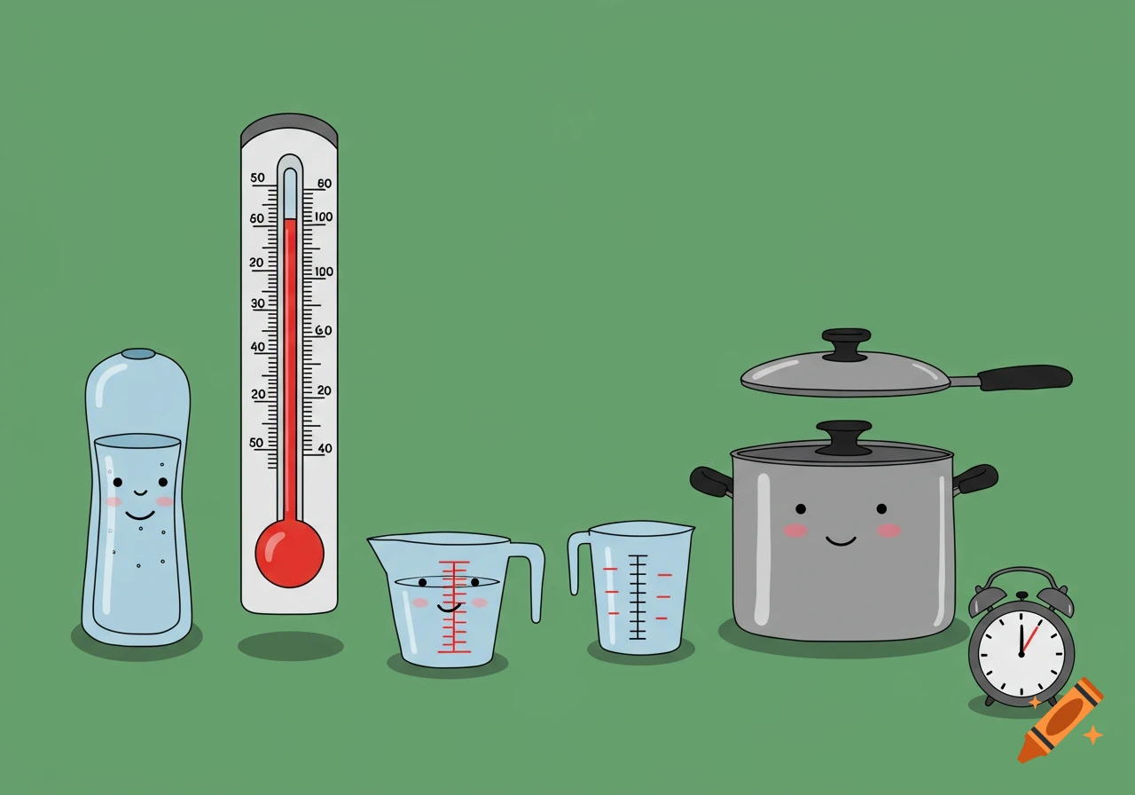 Cartoon illustration of kitchen and labware with faces: water bottle, thermometer, measuring cups, pot, and alarm clock.