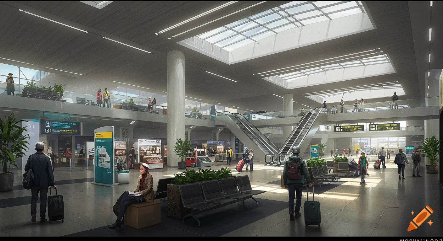 Illustrated concept art of a busy, modern airport interior with people, escalators, and large skylights