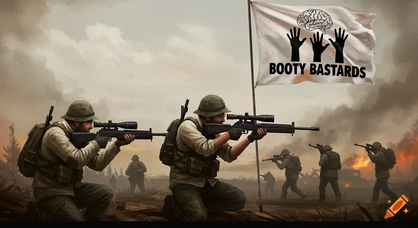 Soldiers aiming rifles in a battlefield with a flag showing a brain, hands, and text BOOTY BASTARDS.