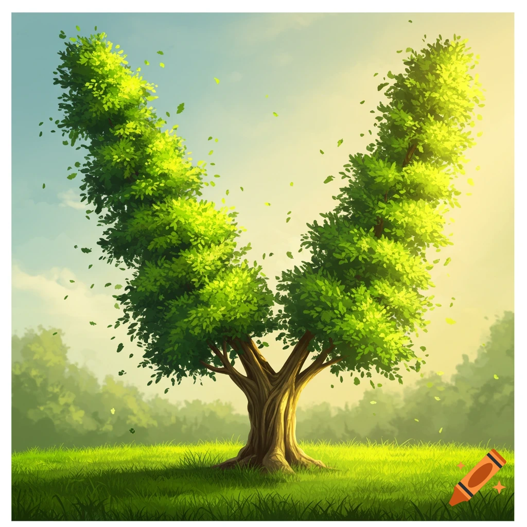 A stylized illustration of a tree in a field with its branches forming the shape of the letter V.