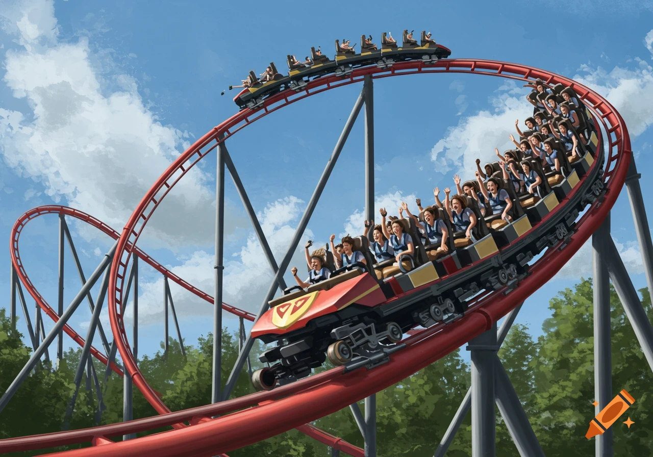 Illustration of a red roller coaster train full of excited people on a loop.