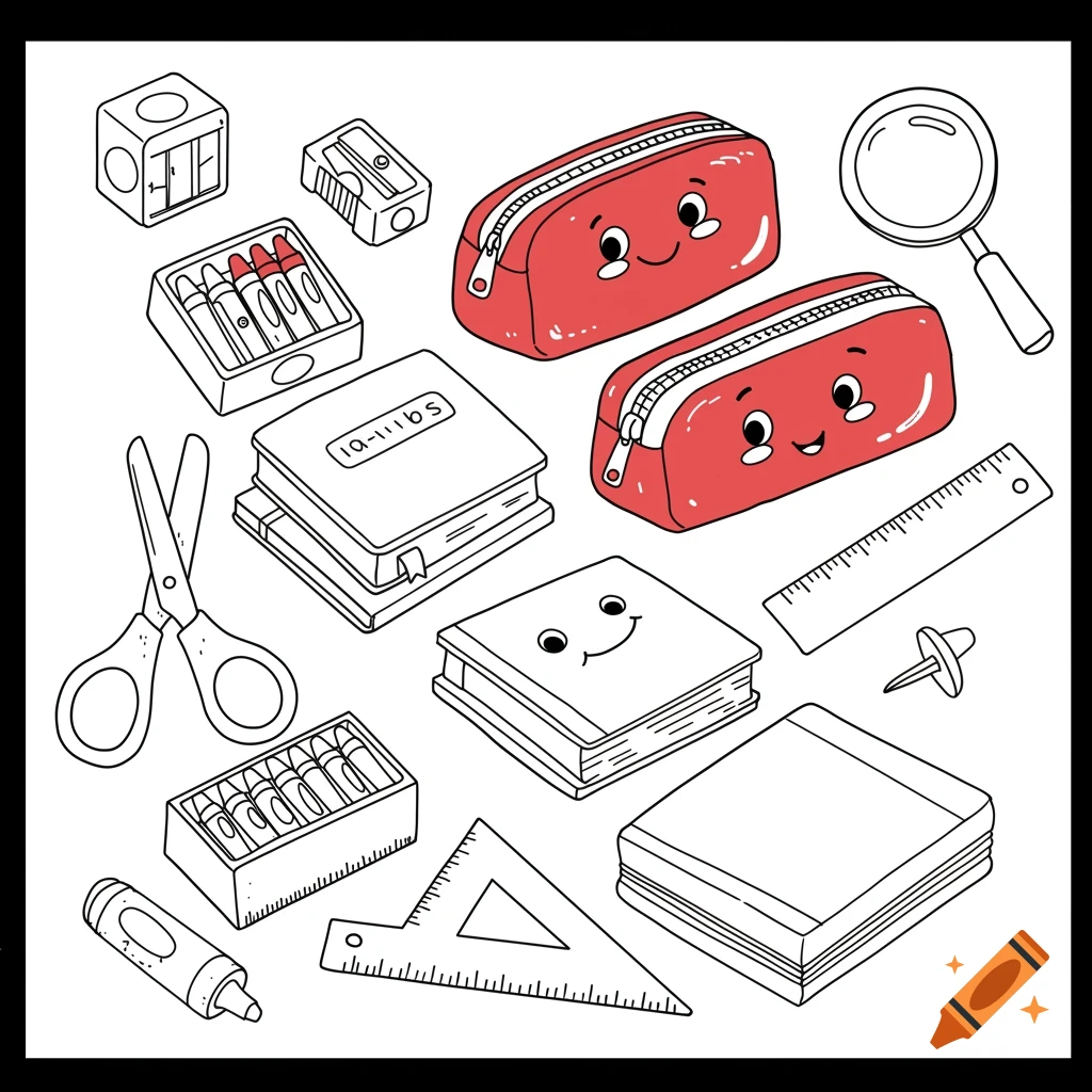Coloring page of various school supplies including smiling pencil cases, books, scissors, rulers, and crayons.