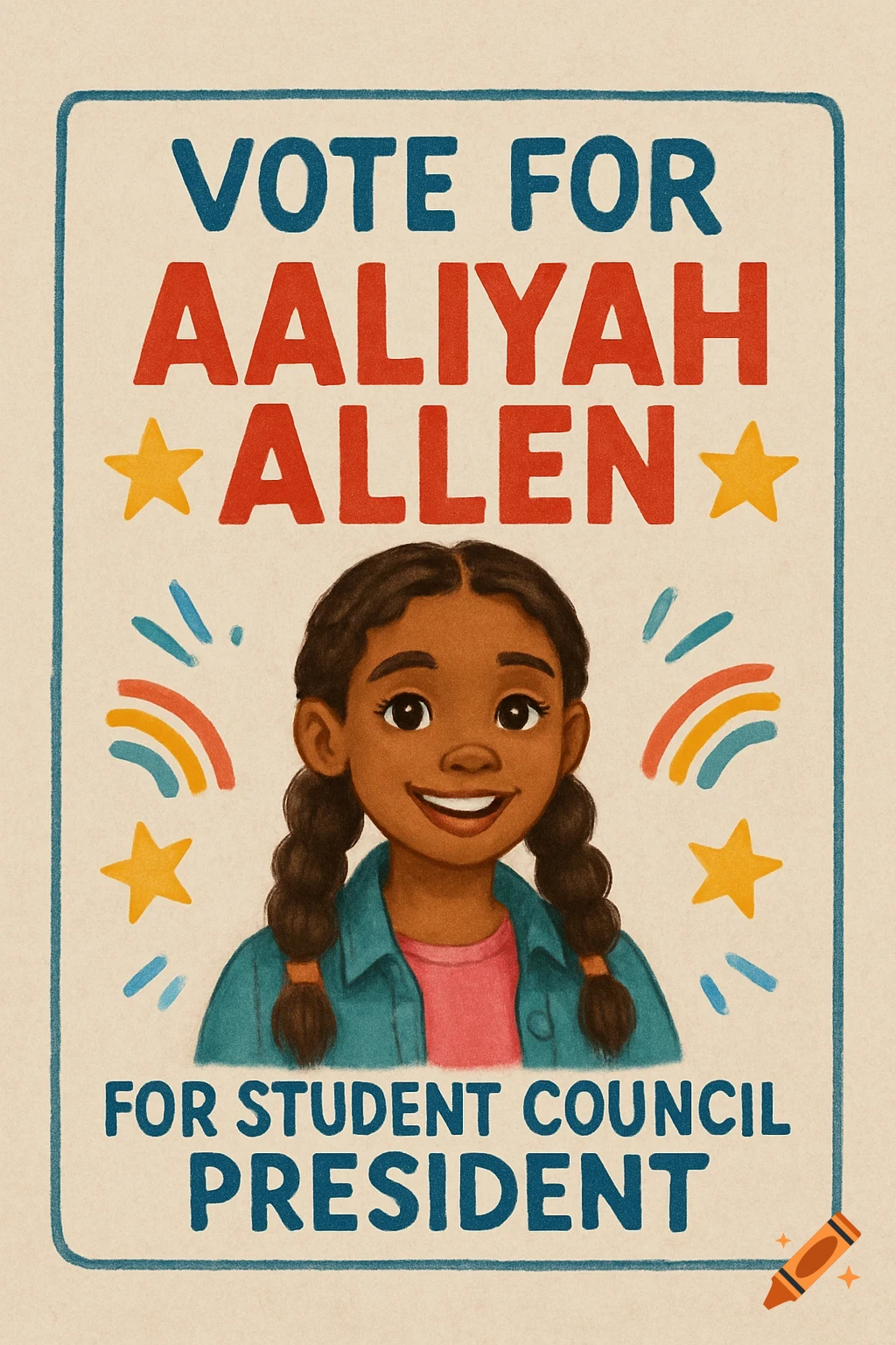 Cartoon poster 'Vote for Aaliyah Allen for Student Council President' features a smiling girl with braided hair.