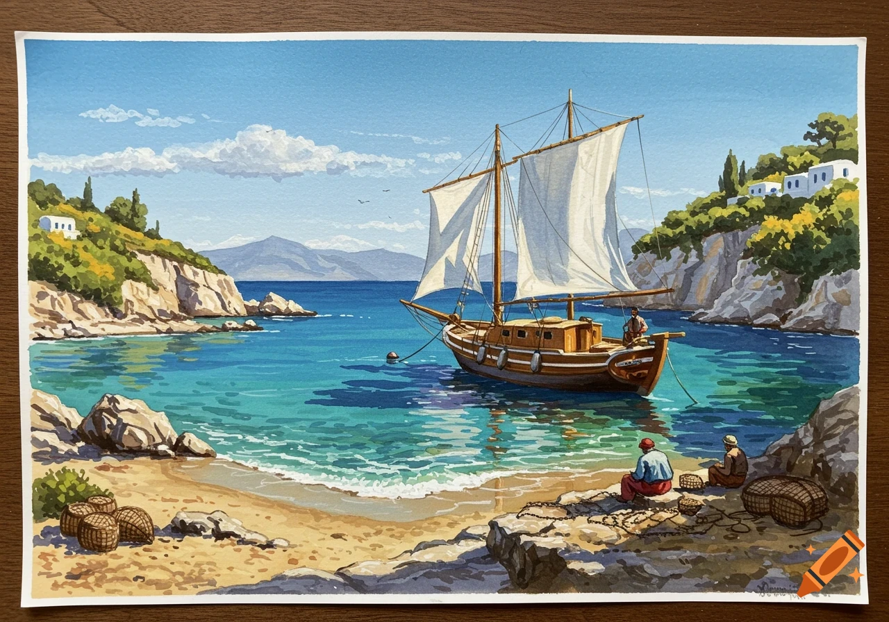 A painting of a boat anchored in a bay near a beach with people on the shore, resembling a Greek coast.
