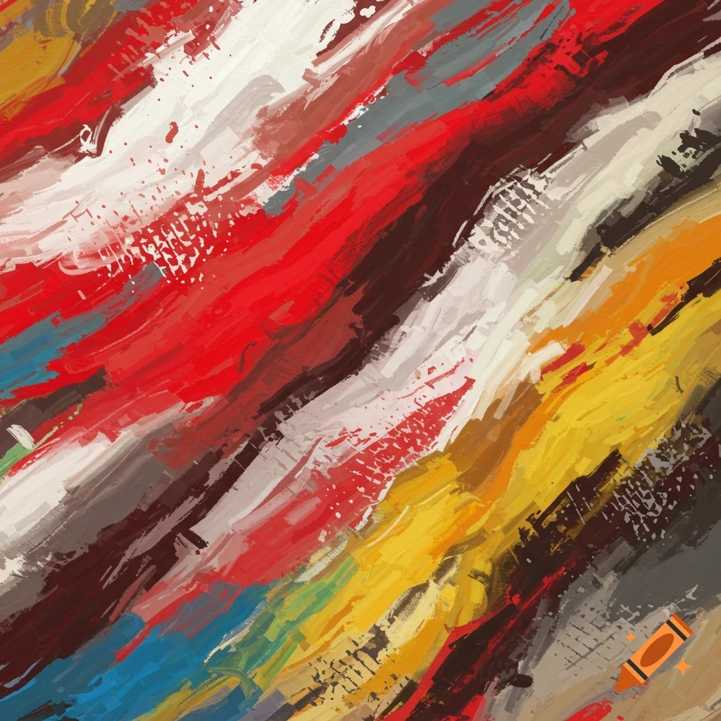 Abstract painting with diagonal strokes in red, white, gray, yellow, orange, blue, and green.