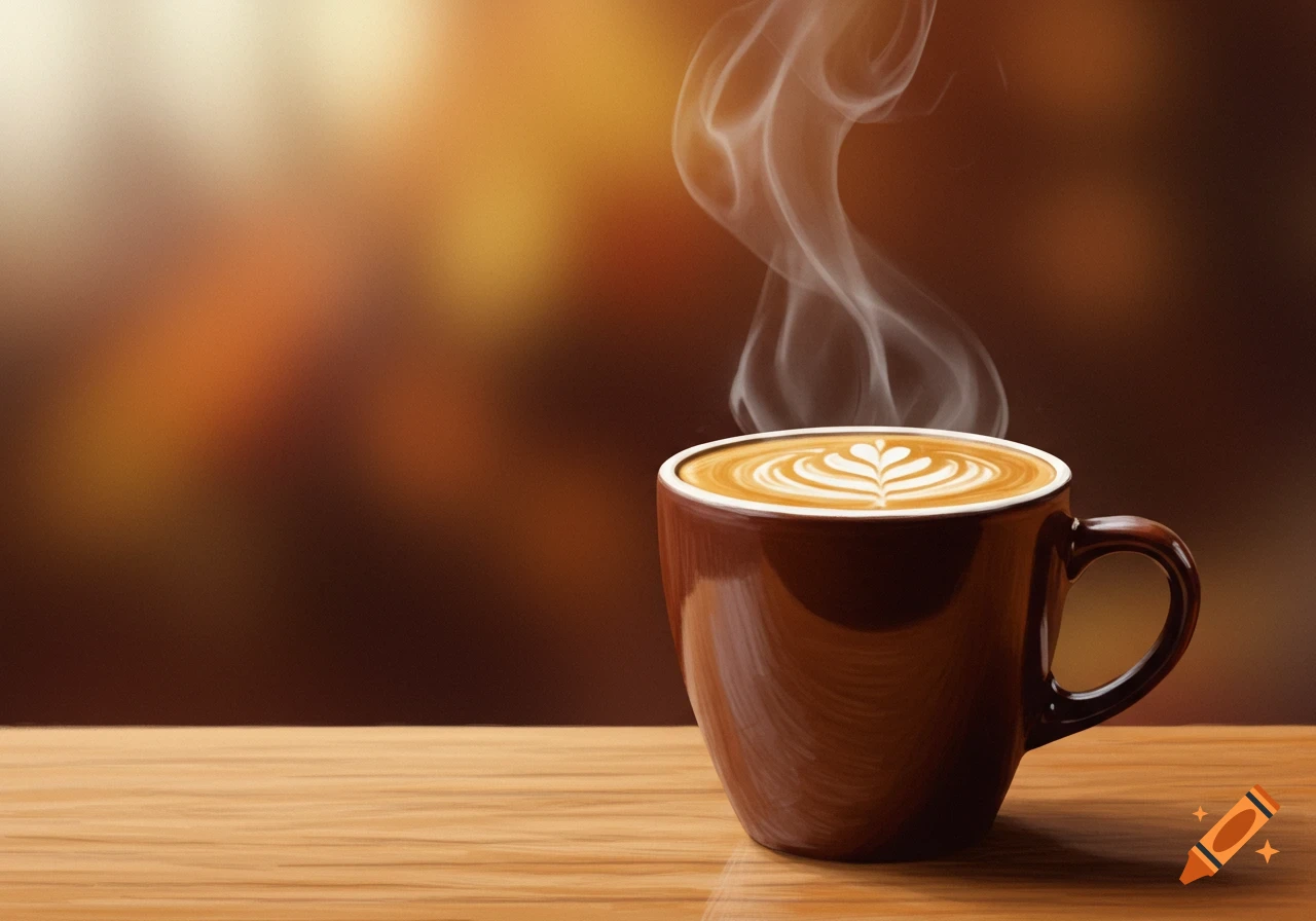 Steaming coffee cup with latte art on a wooden table.