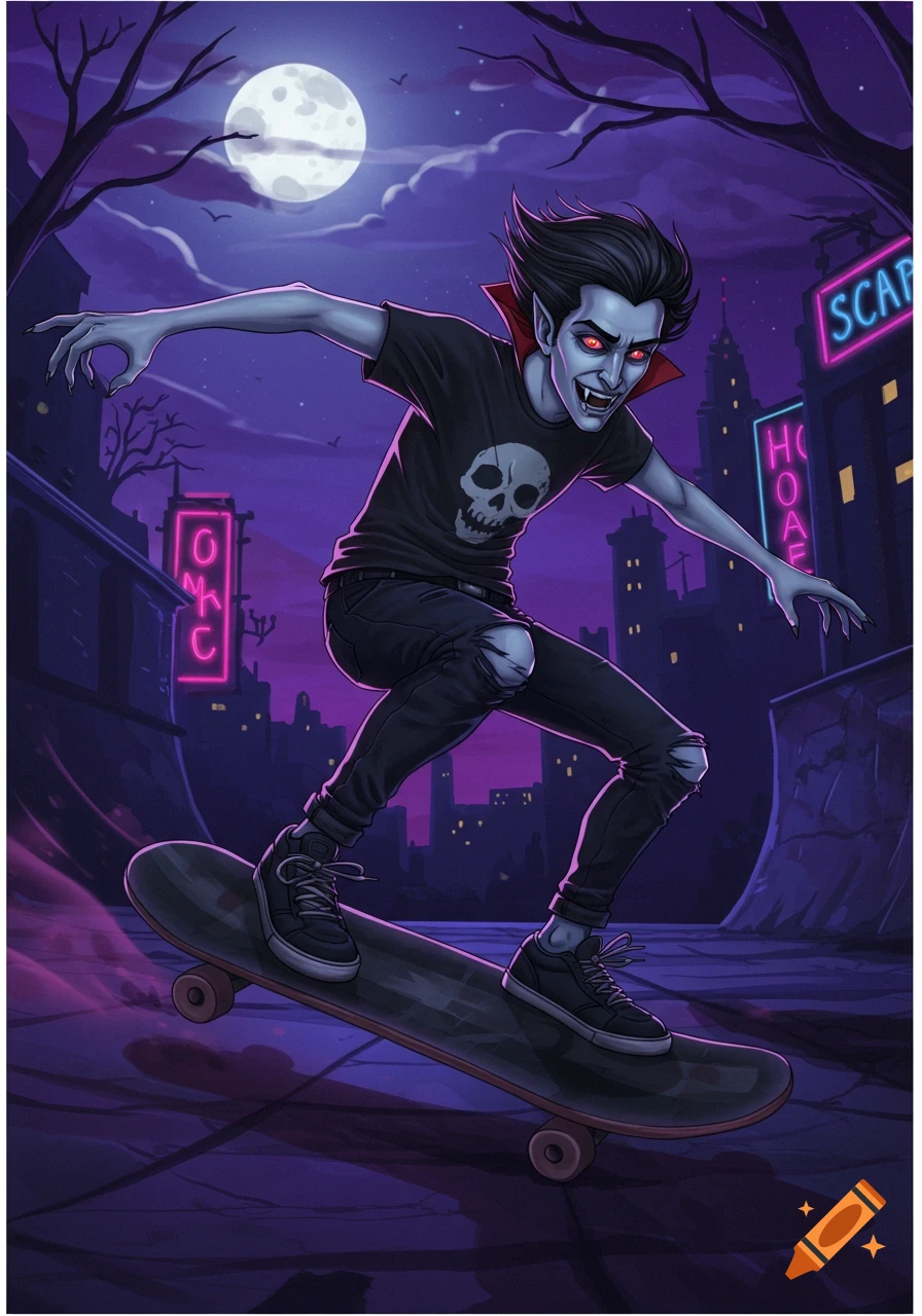 Cartoon vampire skateboarding at night in city with neon signs.