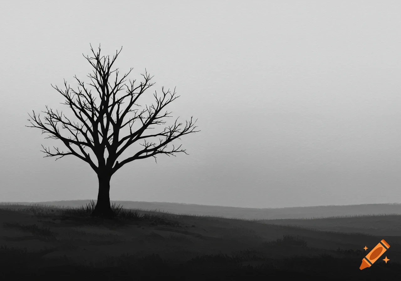Monochromatic landscape with a bare tree on a hill against a hazy sky.