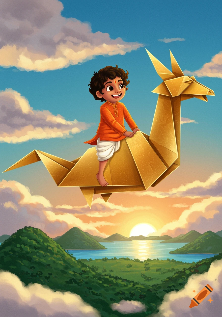 A young Indian boy rides a golden origami dragon through a sunset sky above a lush landscape.