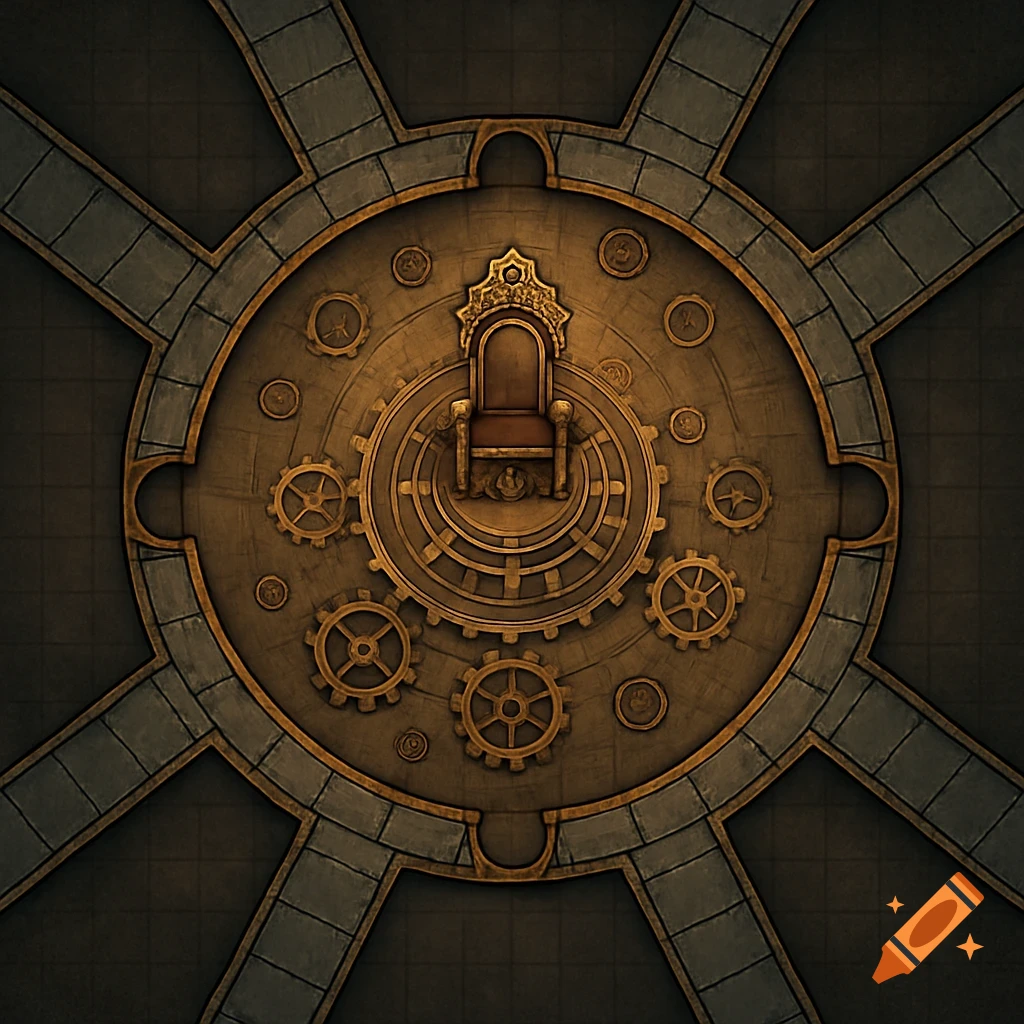 Top-down view of a circular steampunk-themed throne room battlemap with a central throne and clockwork gears.