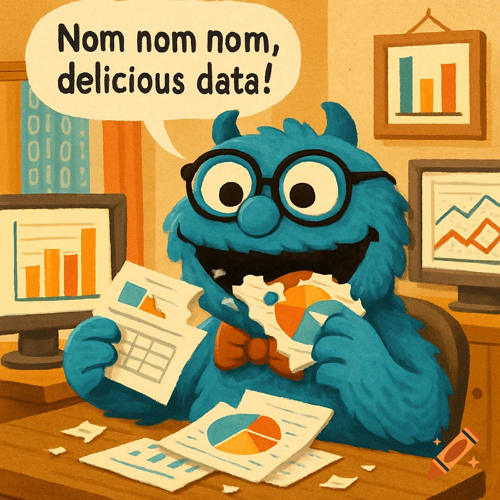 Cartoon blue furry monster in glasses eating data sheets in an office, speech bubble "Nom nom nom, delicious data!"