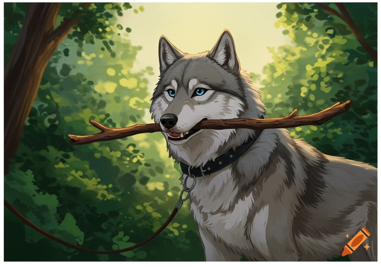An illustration of a wolf carrying a stick in its mouth in a forest.