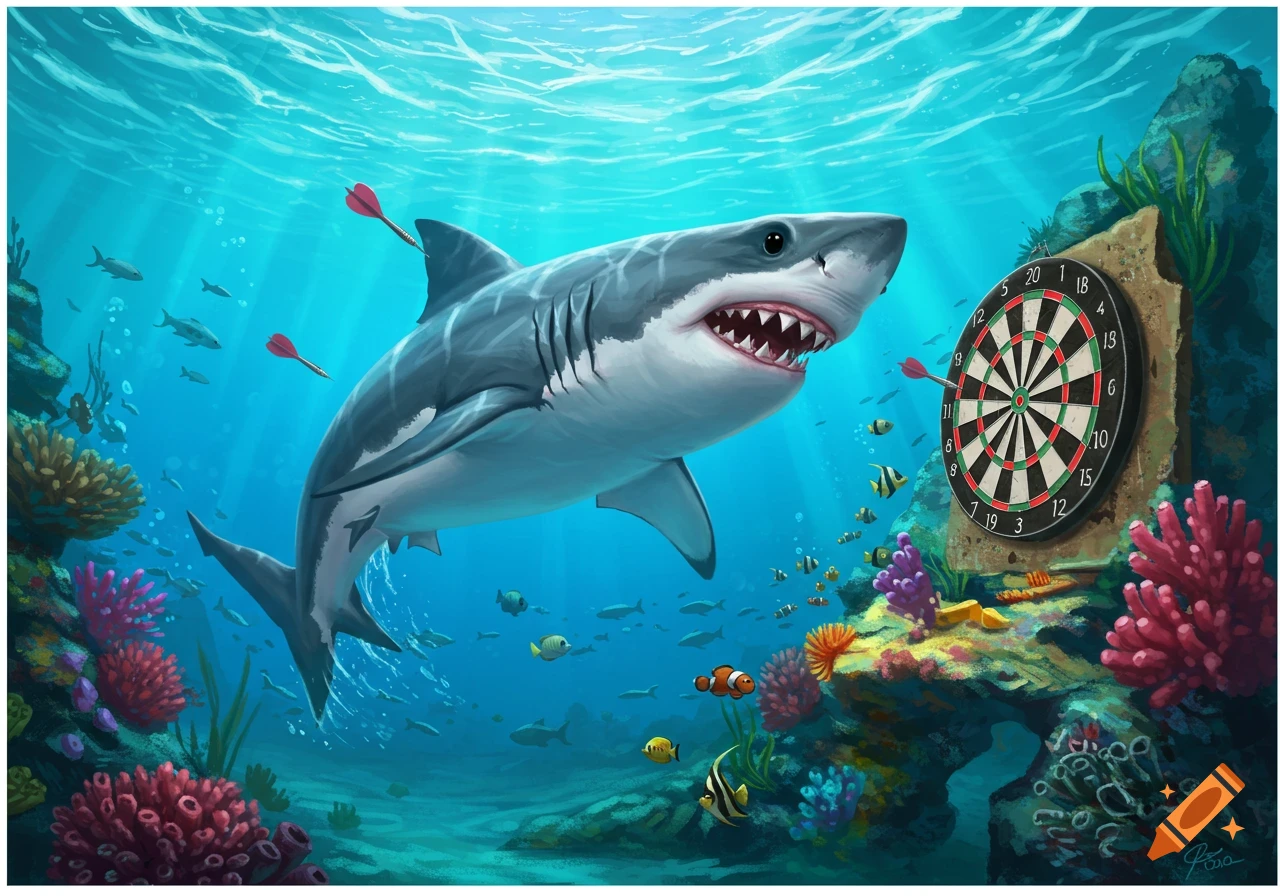 An illustration of a large shark playing darts underwater.
