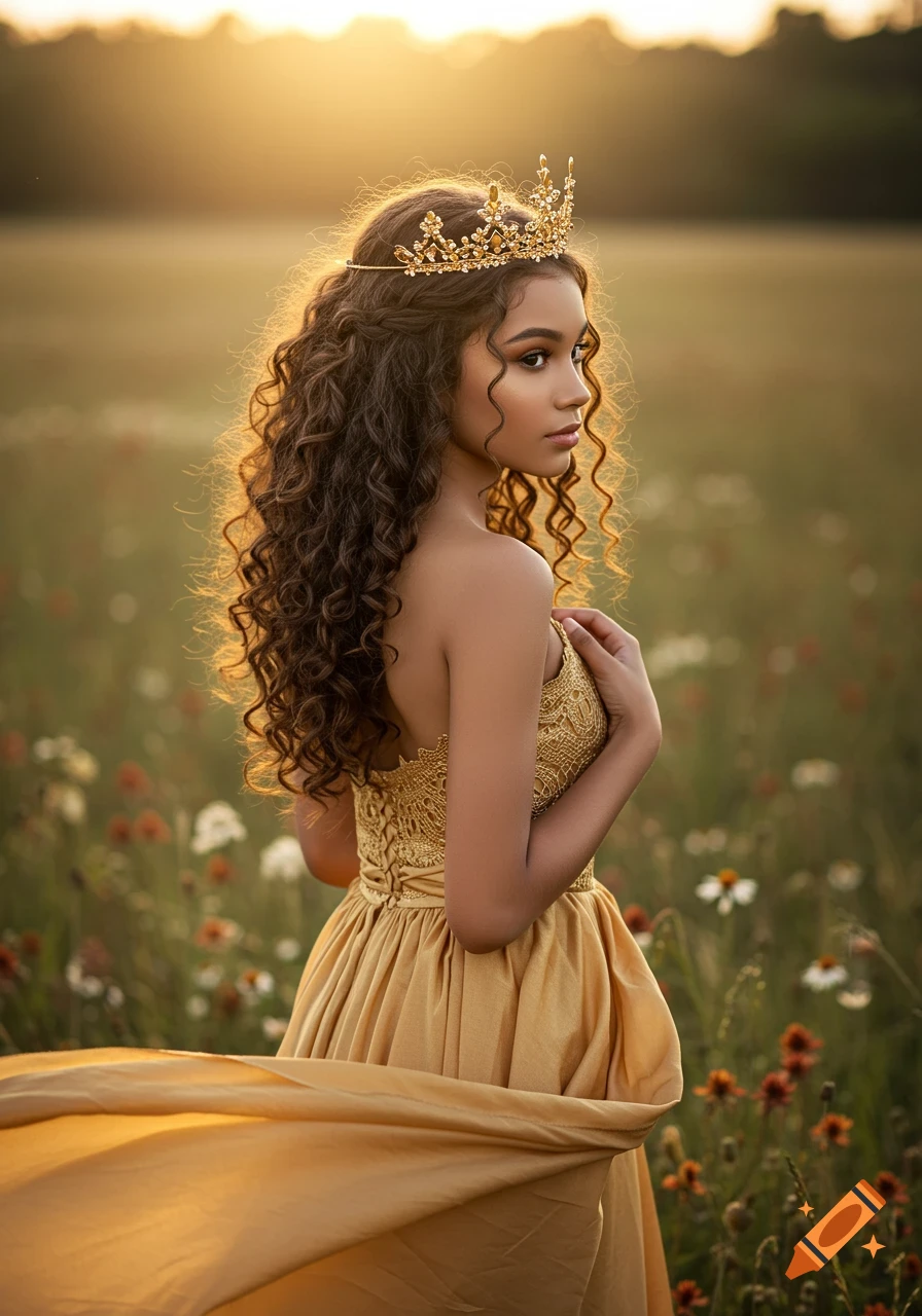 A young girl in a gold dress and crown stands in a field during sunset.