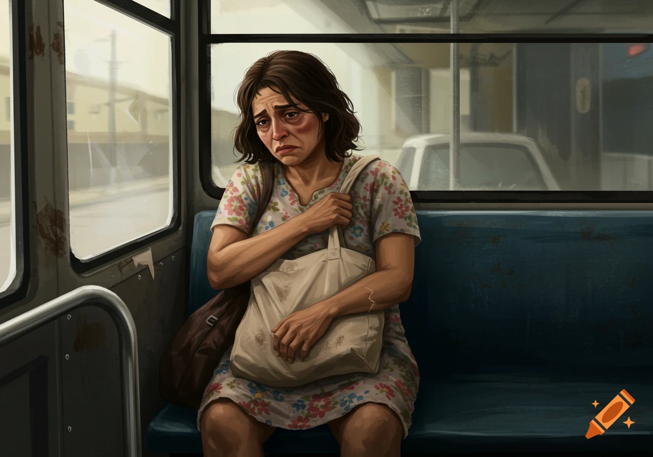 A sad woman with dark circles under her eyes sits holding a bag on a bus.