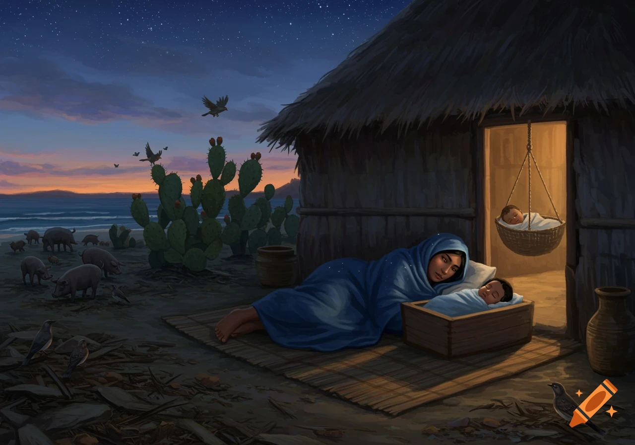Woman and babies at dawn outside a hut by the beach with pigs and cacti. Illustration style.