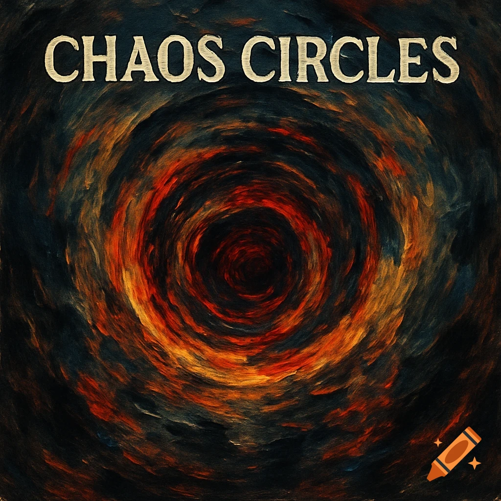 Painterly abstract image of a swirling vortex of fire and dark colors with the text "CHAOS CIRCLES" at the top.