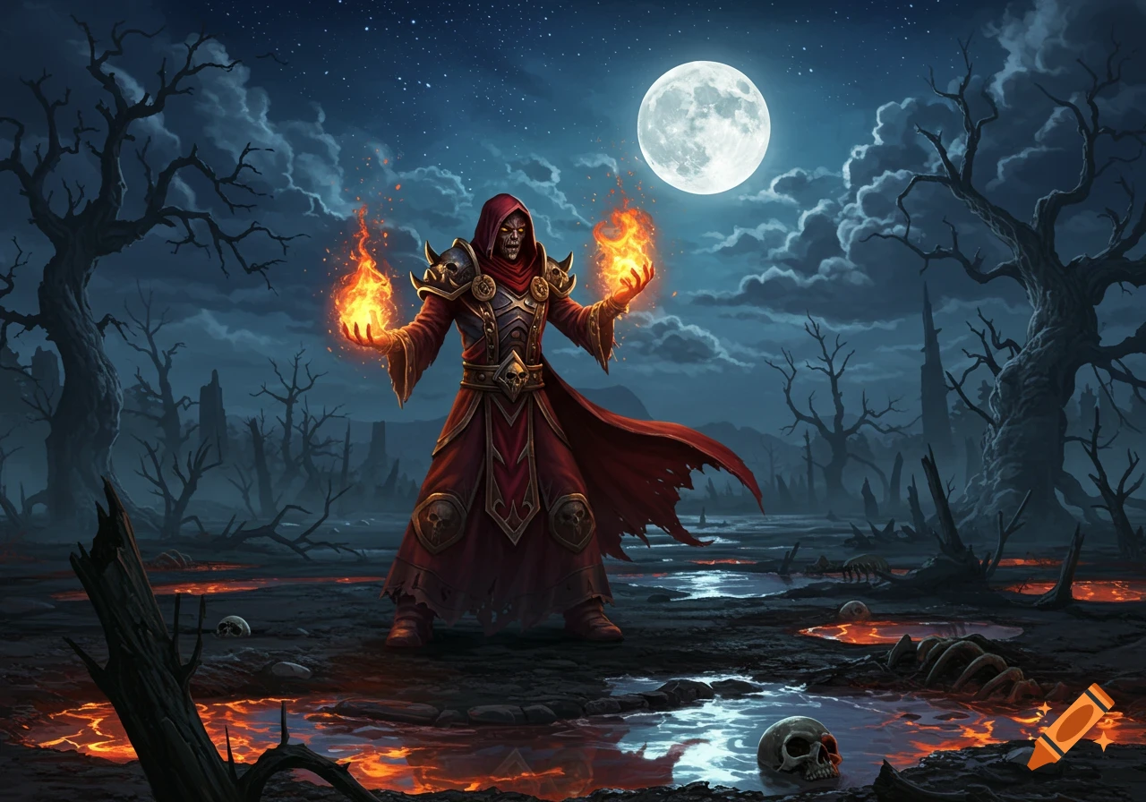 Undead wizard casting fire spells in a dark, skull-filled landscape under a full moon, fantasy art.