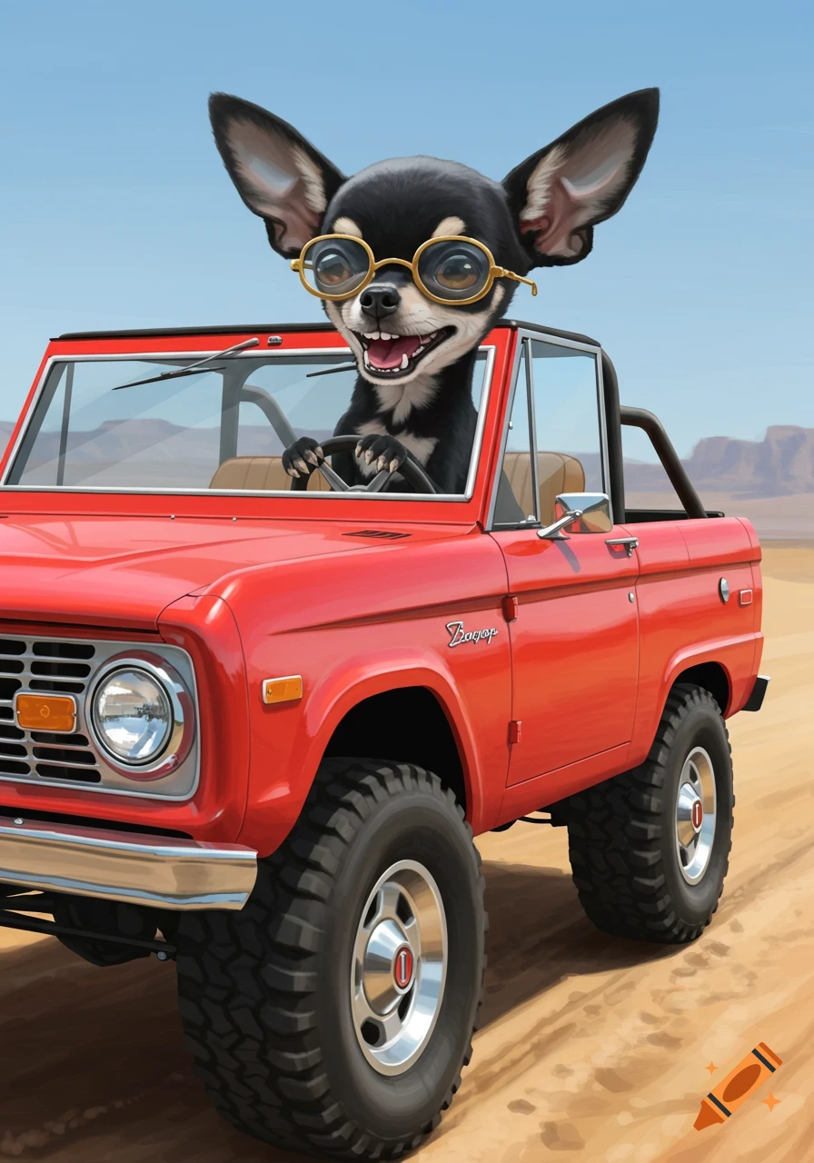 A black chihuahua wearing round glasses drives a red Ford Bronco vehicle off-road.