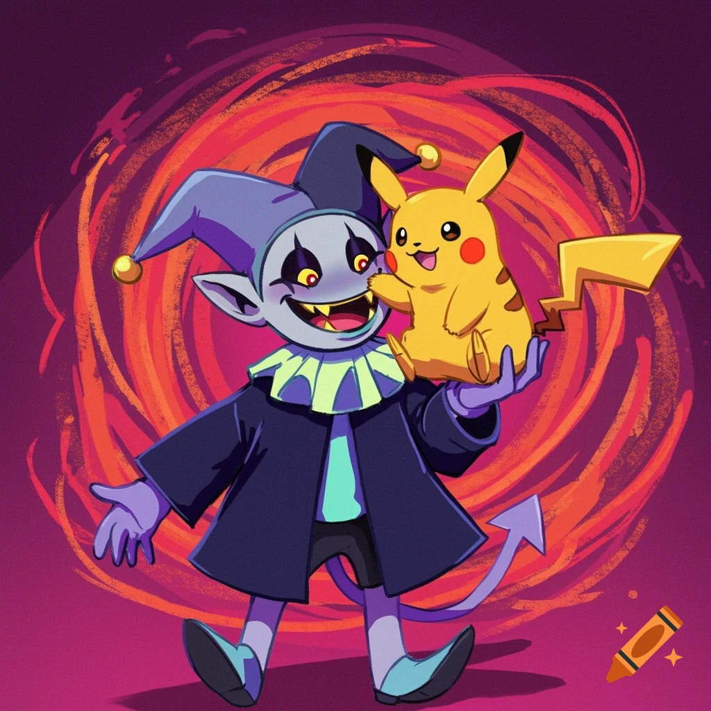 Illustration of Jevil from Deltarune holding a happy Pikachu against a swirling background.