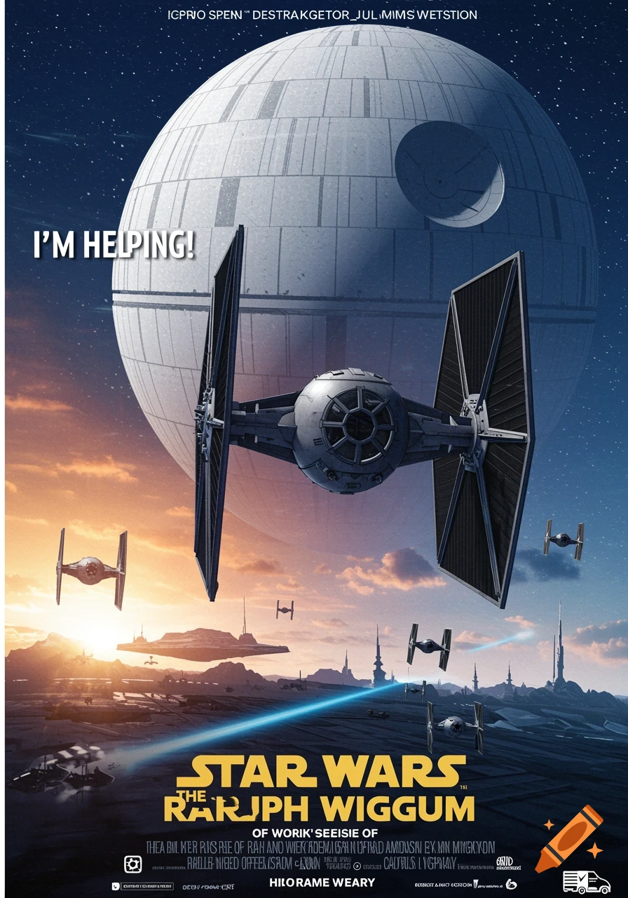 Star Wars style movie poster parody featuring Death Star, TIE fighter, and landscape with text.