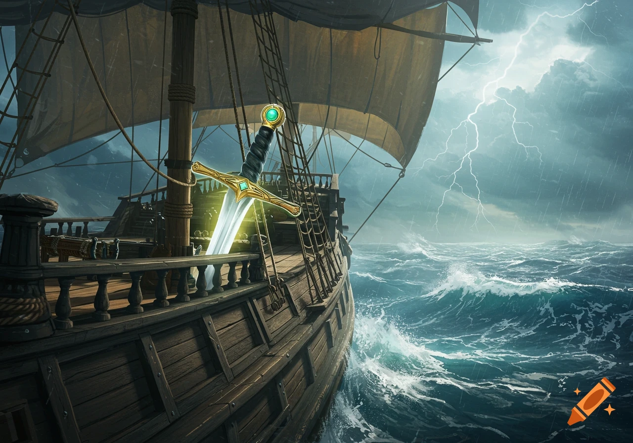 Fantasy sword on the deck of a wooden sailing ship in a stormy ocean with lightning.