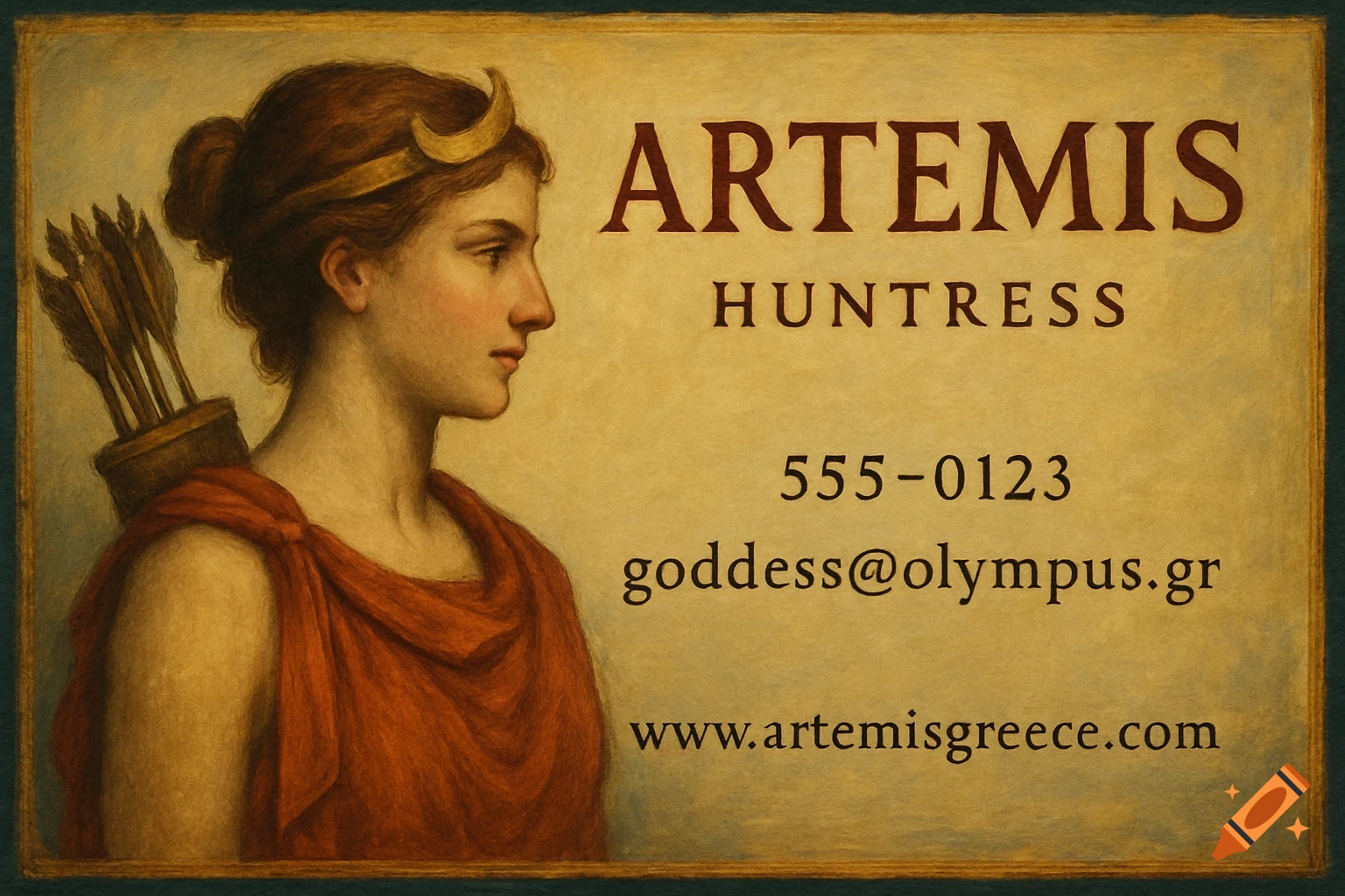 Classical painting of Artemis with arrows and business card text