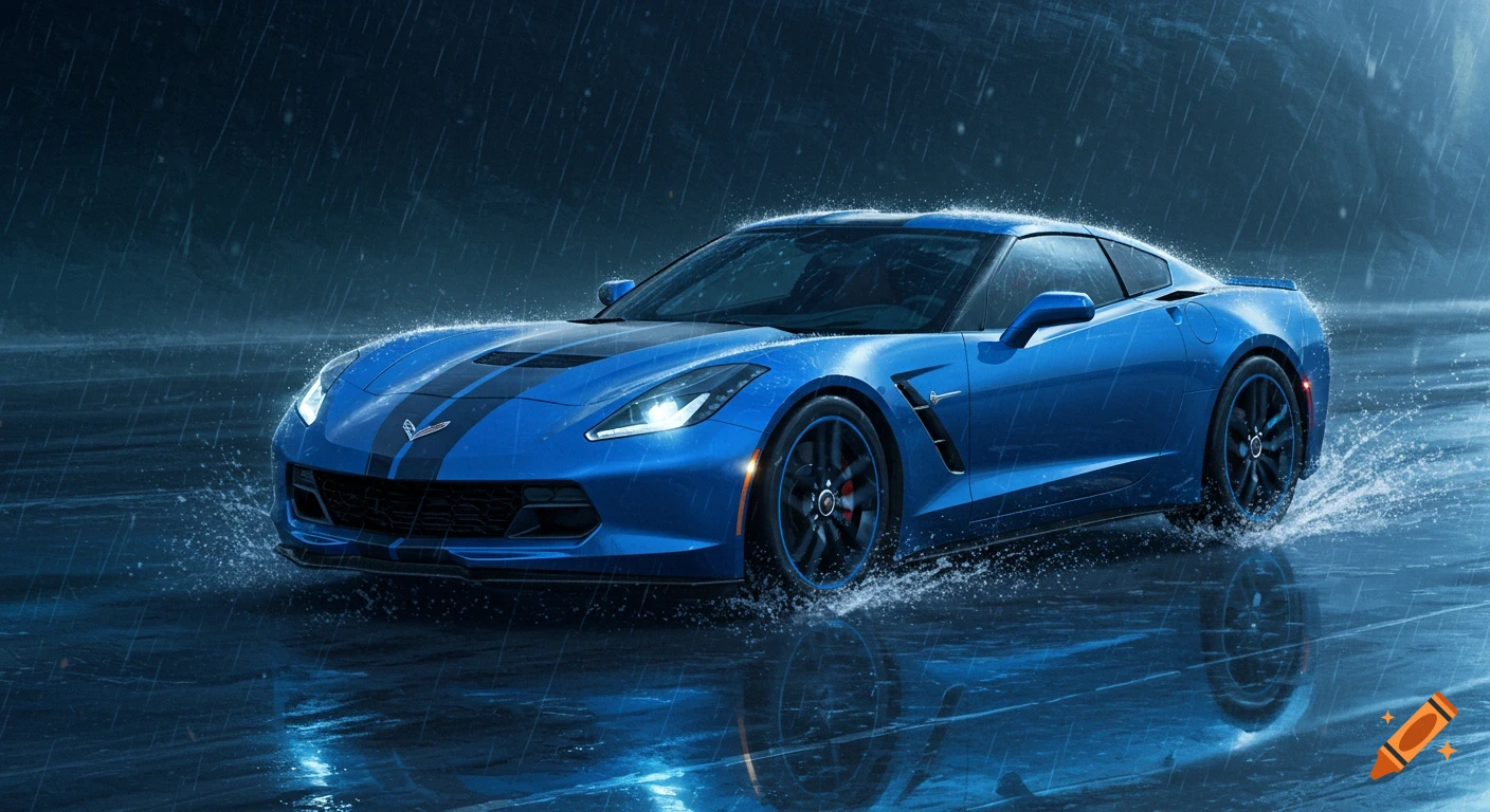 A blue Corvette drives through heavy rain at evening, splashing water.