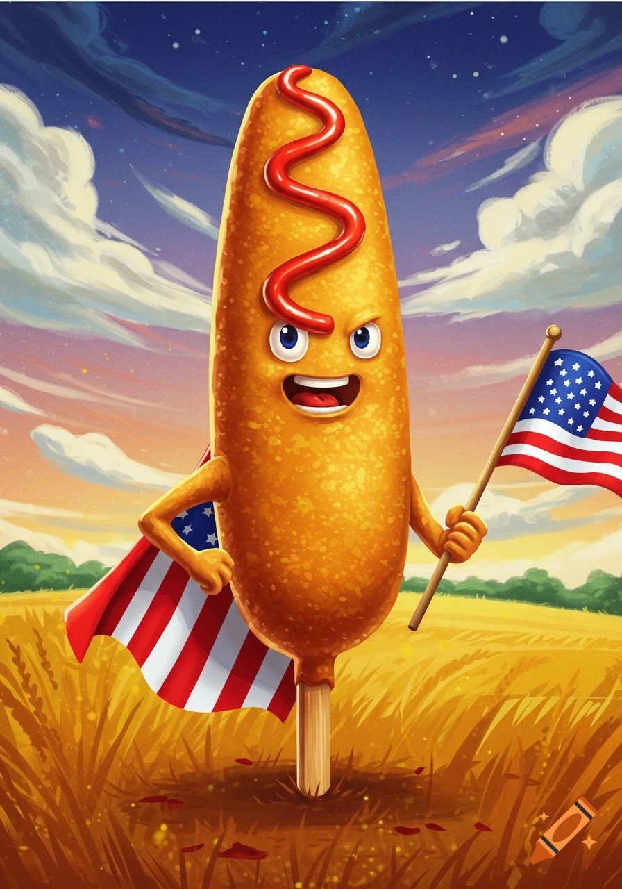 A cartoon corndog character with a face, wearing an American flag cape and holding a flag in a field.