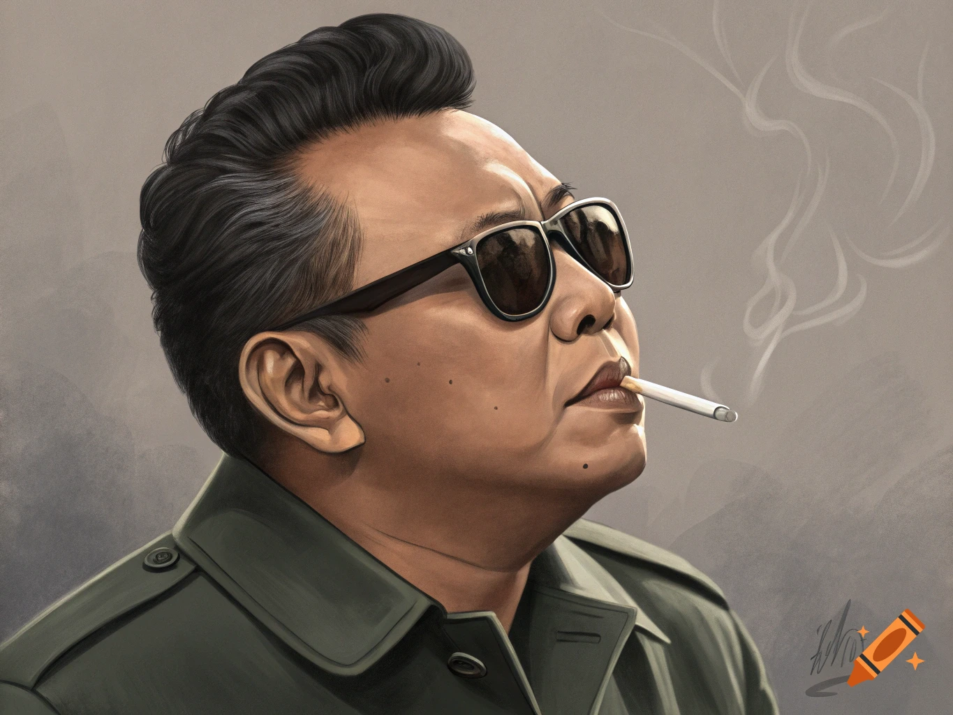Digital painting portrait of a man with slicked-back hair and sunglasses, smoking a cigarette and looking upwards.