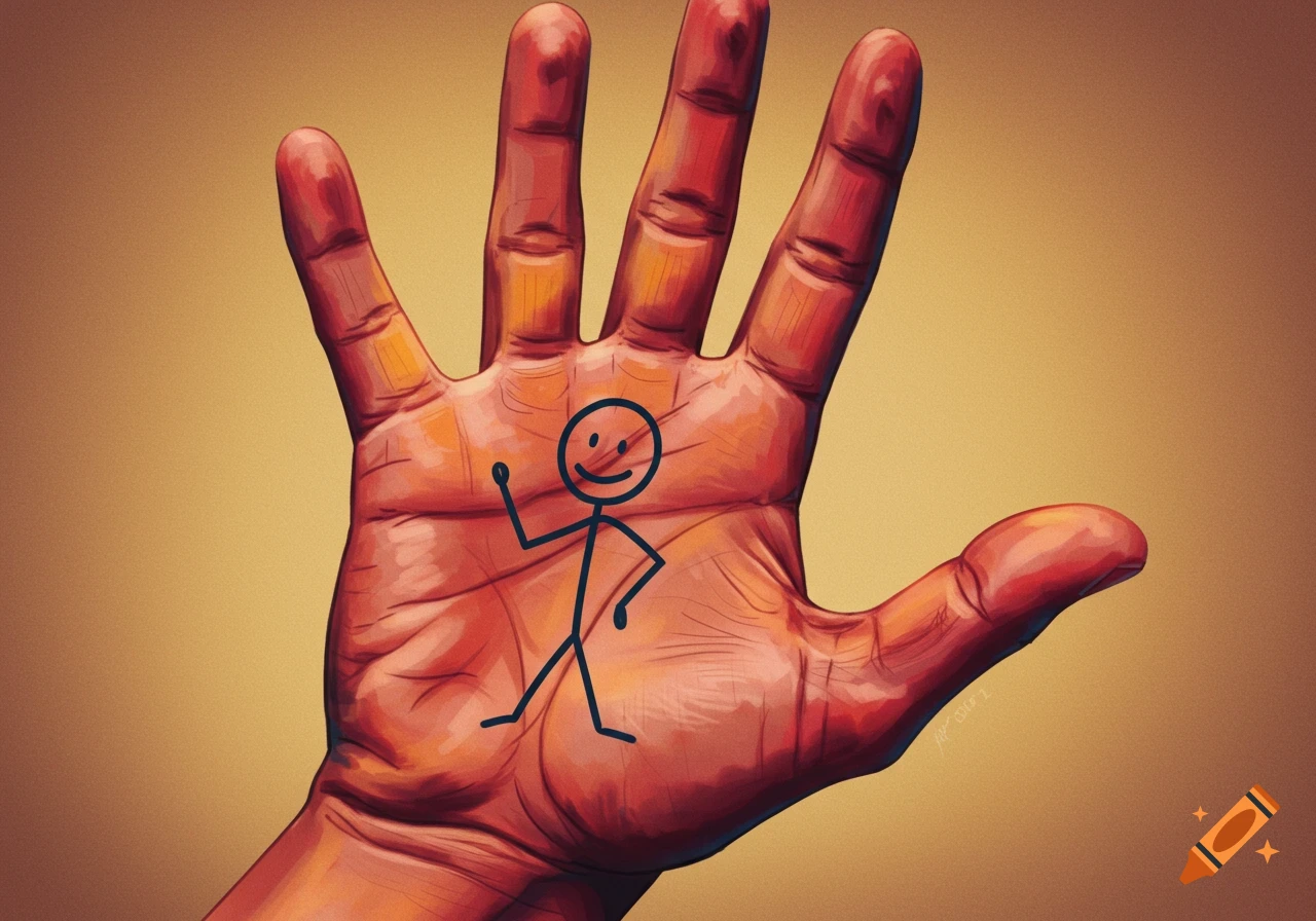 Painted hand with a stick figure drawn on the palm.