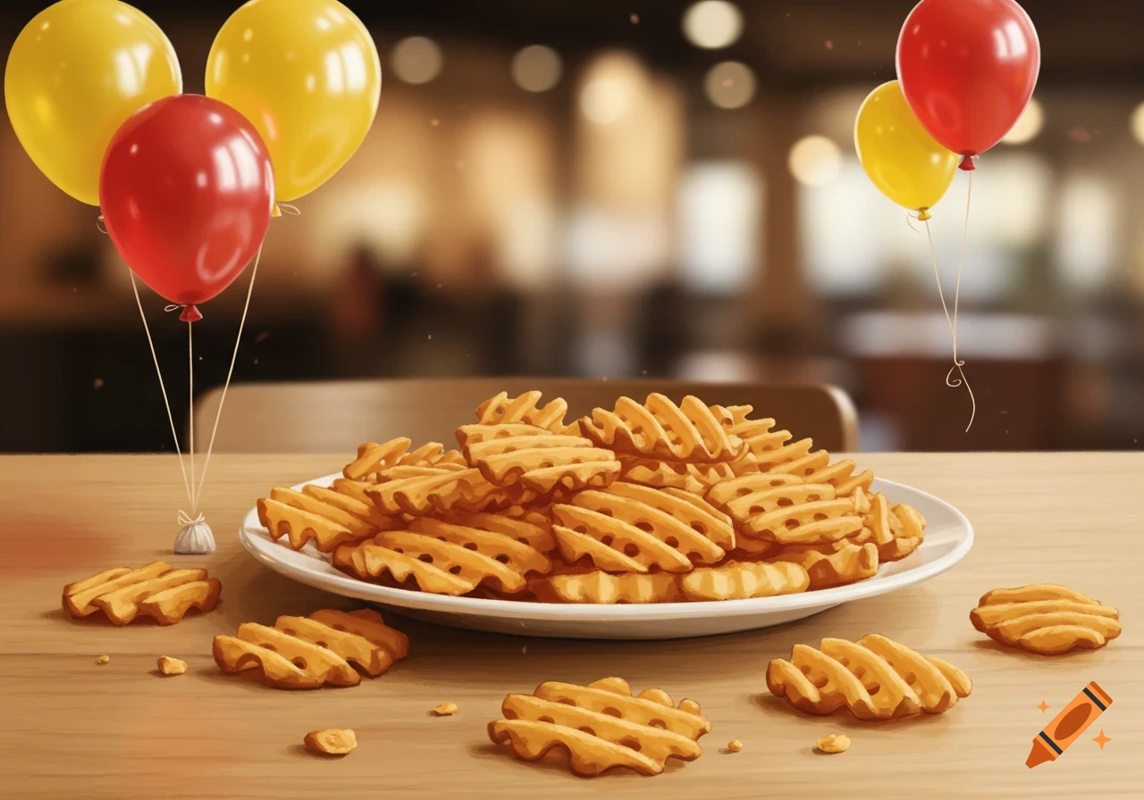 A plate of waffle fries on a wooden table with red and yellow balloons floating above.