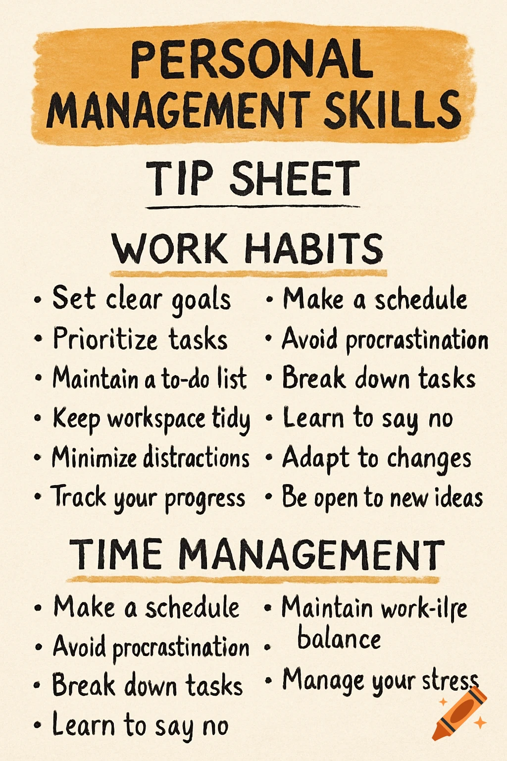 Personal management skills tip sheet graphic listing work habits and time management tips.