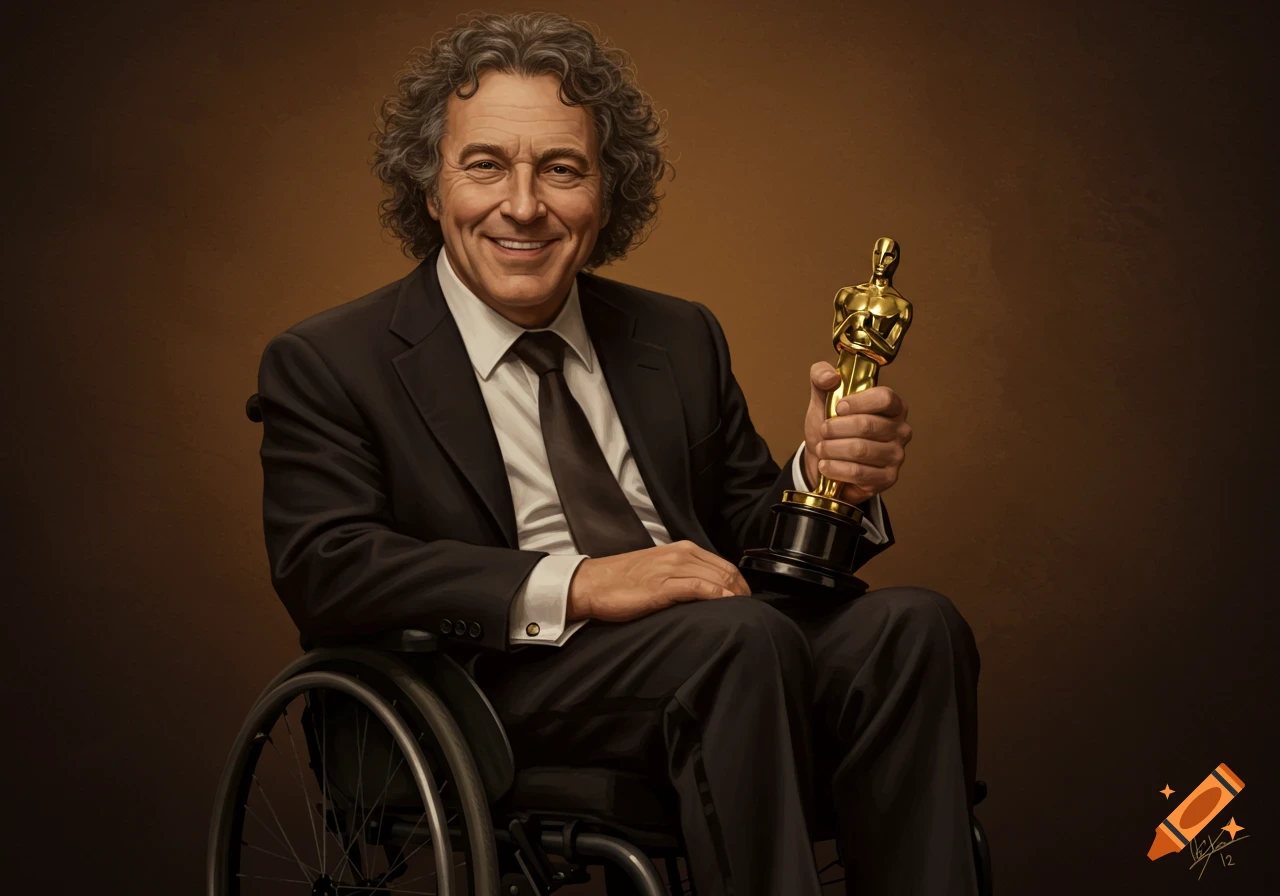 A man with curly hair sits in a wheelchair, holding an Oscar award.