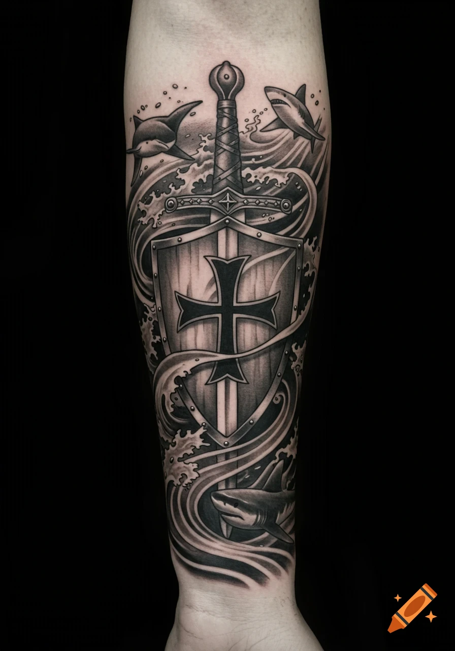 Black and grey forearm tattoo with a sword, shield, sharks, and waves.