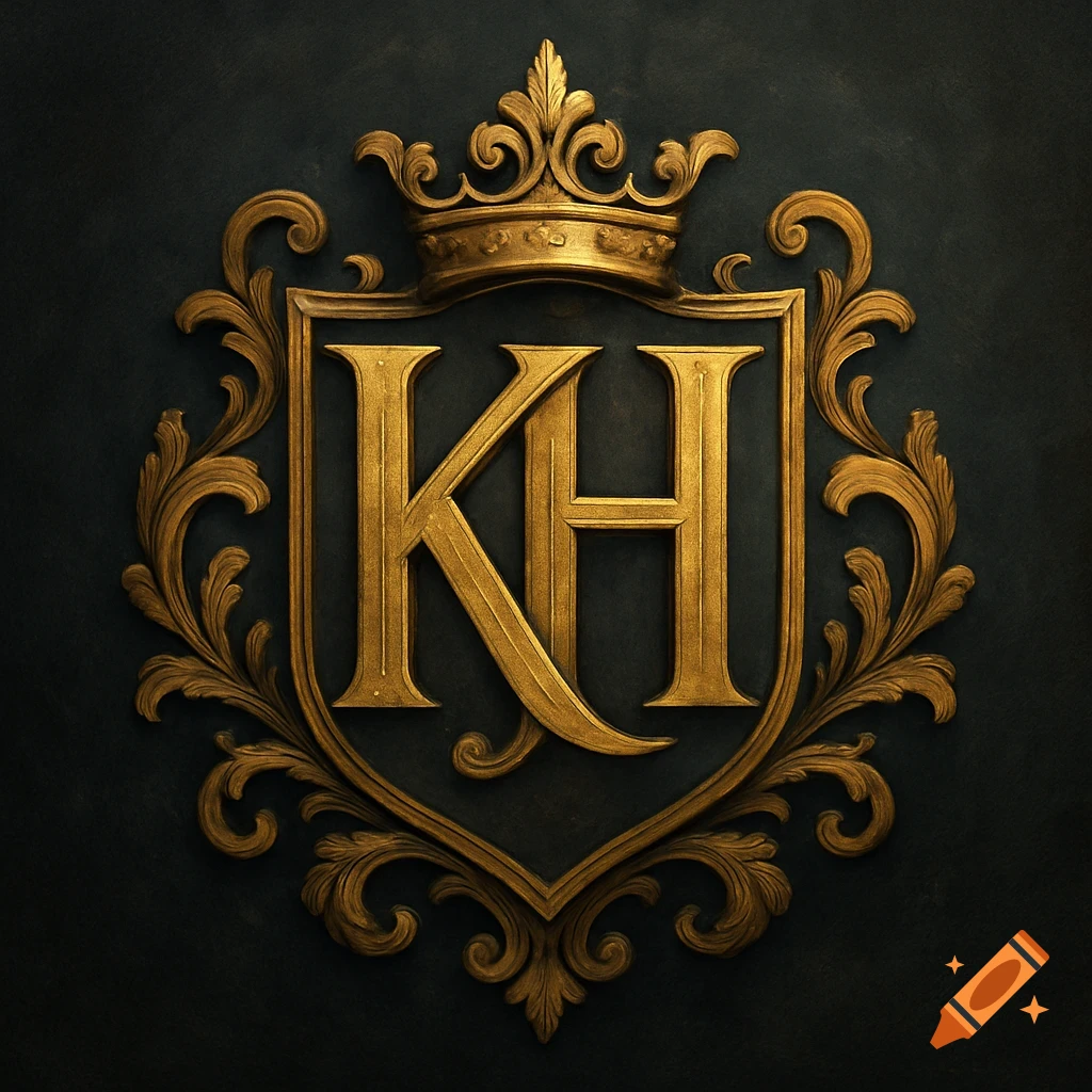 Golden emblem with a crown, filigree, and the letters KH on a dark background.