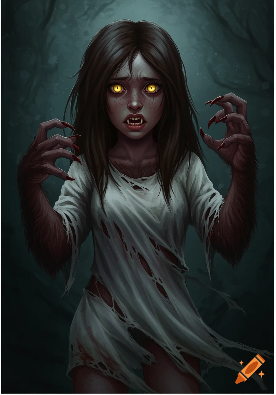 A girl halfway through transforming into a werewolf, with furry arms, claws, glowing yellow eyes, fangs, and a torn dress. Digital painting.