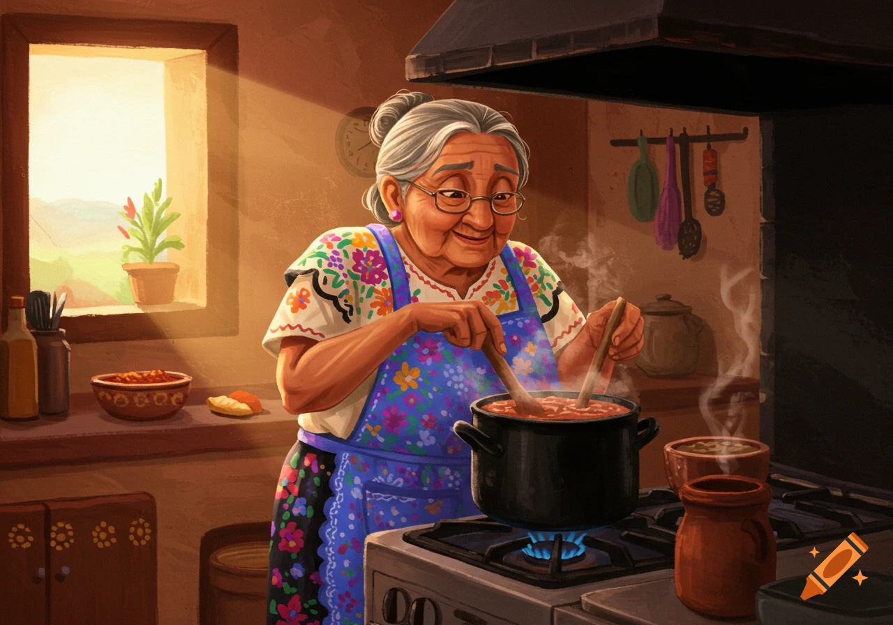 Illustration of a Mexican grandma stirring a pot on a stove in a sunlit kitchen.