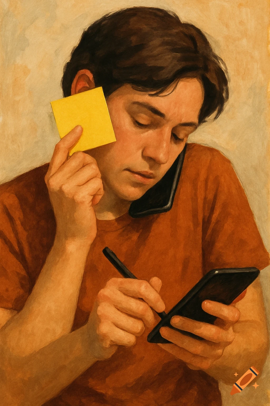 Painterly image of a person multitasking with a phone and sticky note.